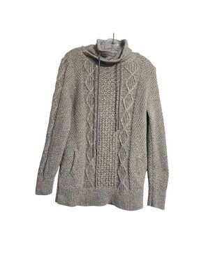 LL Bean Signature Womens Tan Cotton Funnelneck  Cable Knit Fisherman Sweater M